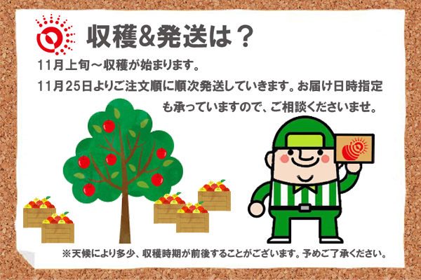 収穫＆発送は？11月下旬〜収穫が始まります。11月下旬よりご注文順に順次発送していきます。お届け日時指定も承っていますので、ご相談くださいませ。