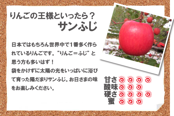 りんごの王様と言ったら？サンふじ　日本ではもちろん世界中で１番多く作られているりんごです。 ”りんご＝ふじ” と思う方も多いはず！袋をかけずに太陽の光をいっぱいに浴びて育った陽だまりサンふじ。お日さまの味をお楽しみください。